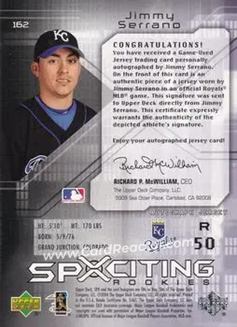 2004 SPx #162 - Jimmy Serrano - Kansas City Royals - Back 2004 SPx #162 - Jimmy Serrano - Kansas City Royals - Back