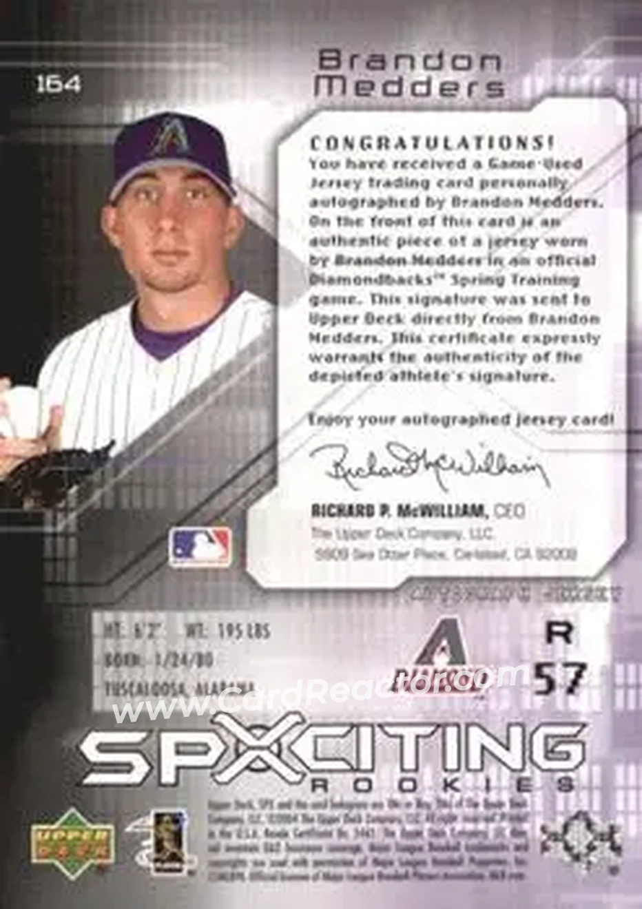 2004 SPx #164 - Brandon Medders - Arizona Diamondbacks - Back 2004 SPx #164 - Brandon Medders - Arizona Diamondbacks - Back