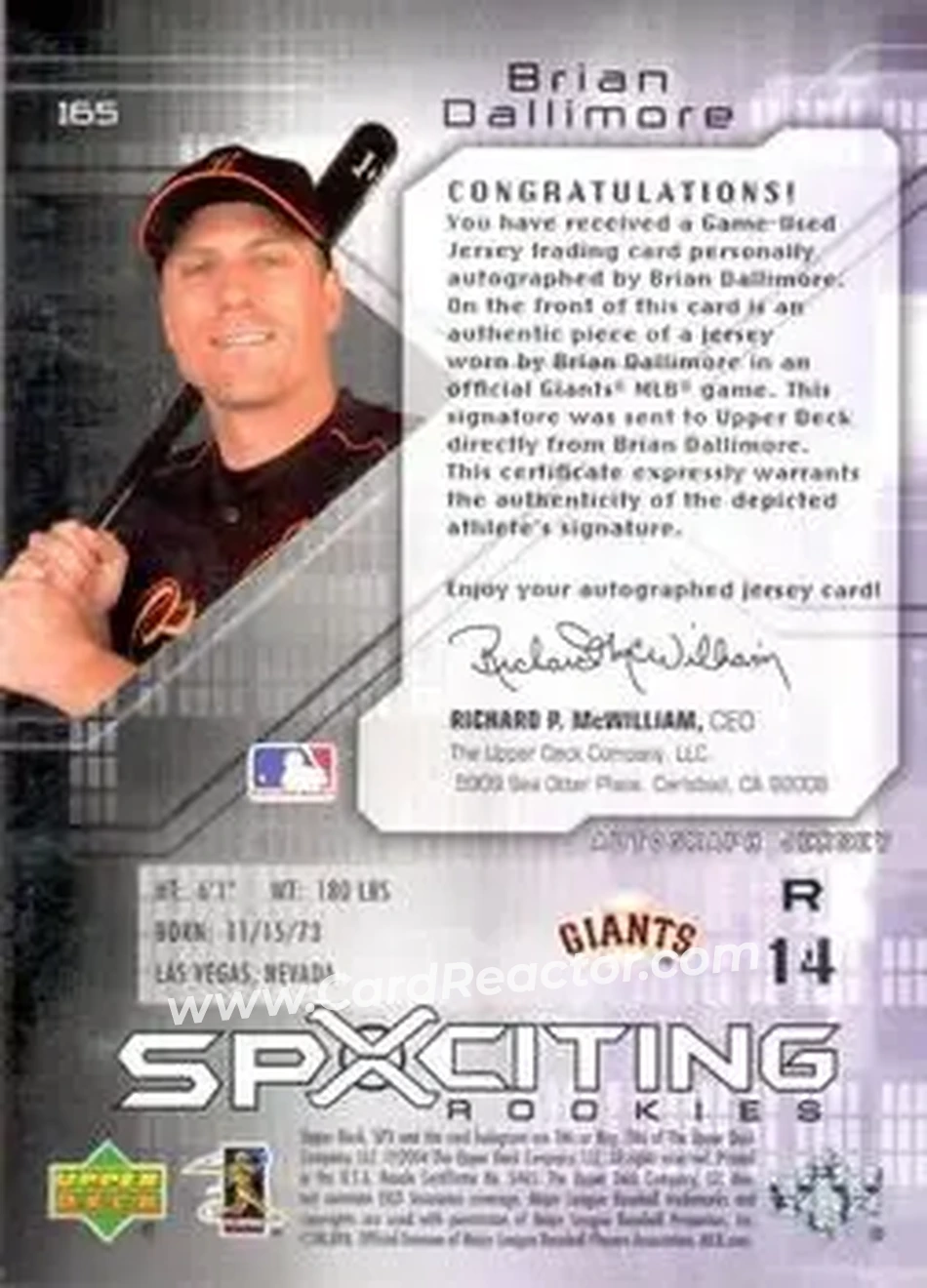 2004 SPx #165 - Brian Dallimore - San Francisco Giants - Back 2004 SPx #165 - Brian Dallimore - San Francisco Giants - Back