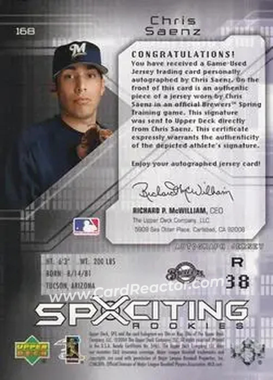 2004 SPx #168 - Chris Saenz - Milwaukee Brewers - Back