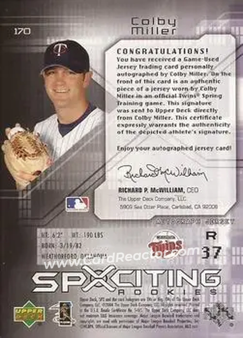 2004 SPx #170 - Colby Miller - Minnesota Twins - Back