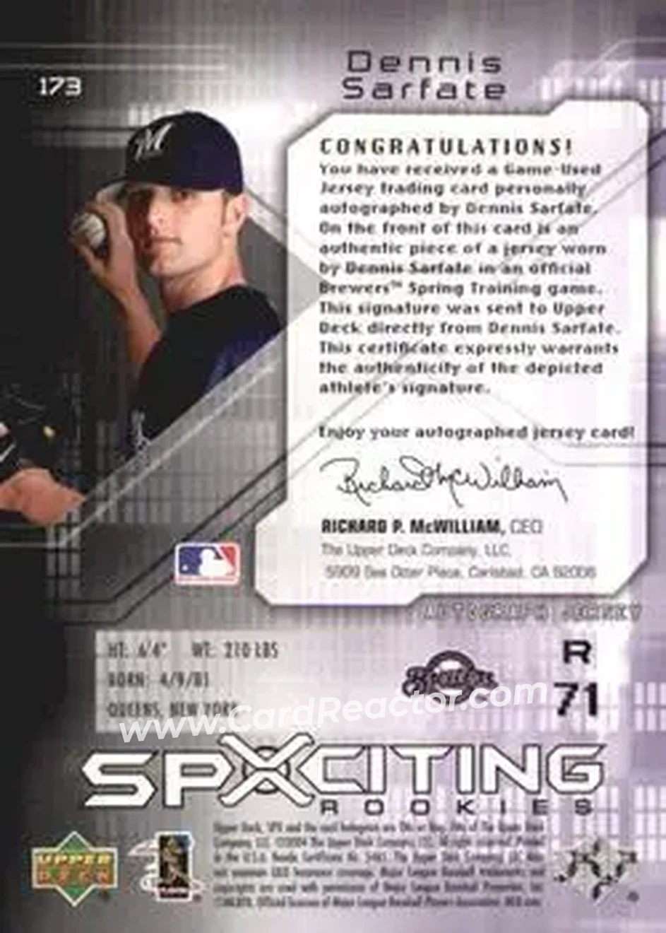 2004 SPx #173 - Dennis Sarfate - Milwaukee Brewers - Back