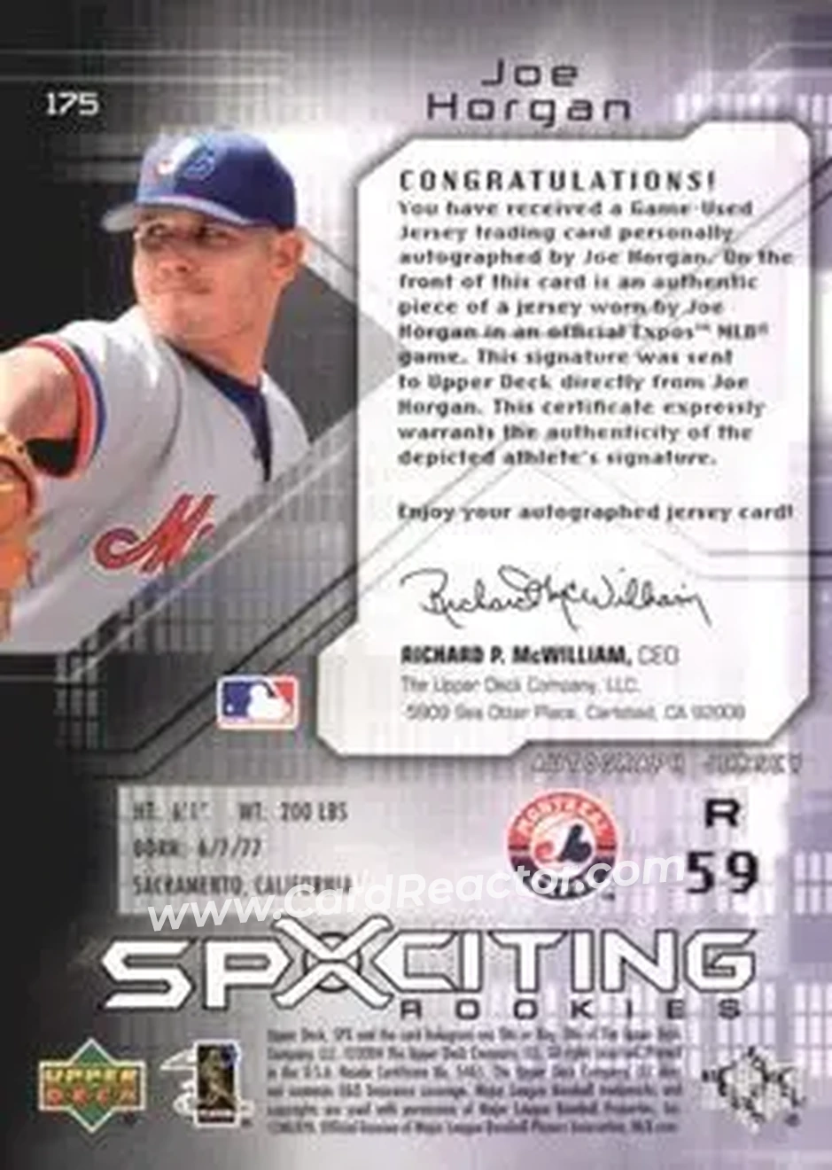 2004 SPx #175 - Joe Horgan - Montreal Expos - Back 2004 SPx #175 - Joe Horgan - Montreal Expos - Back