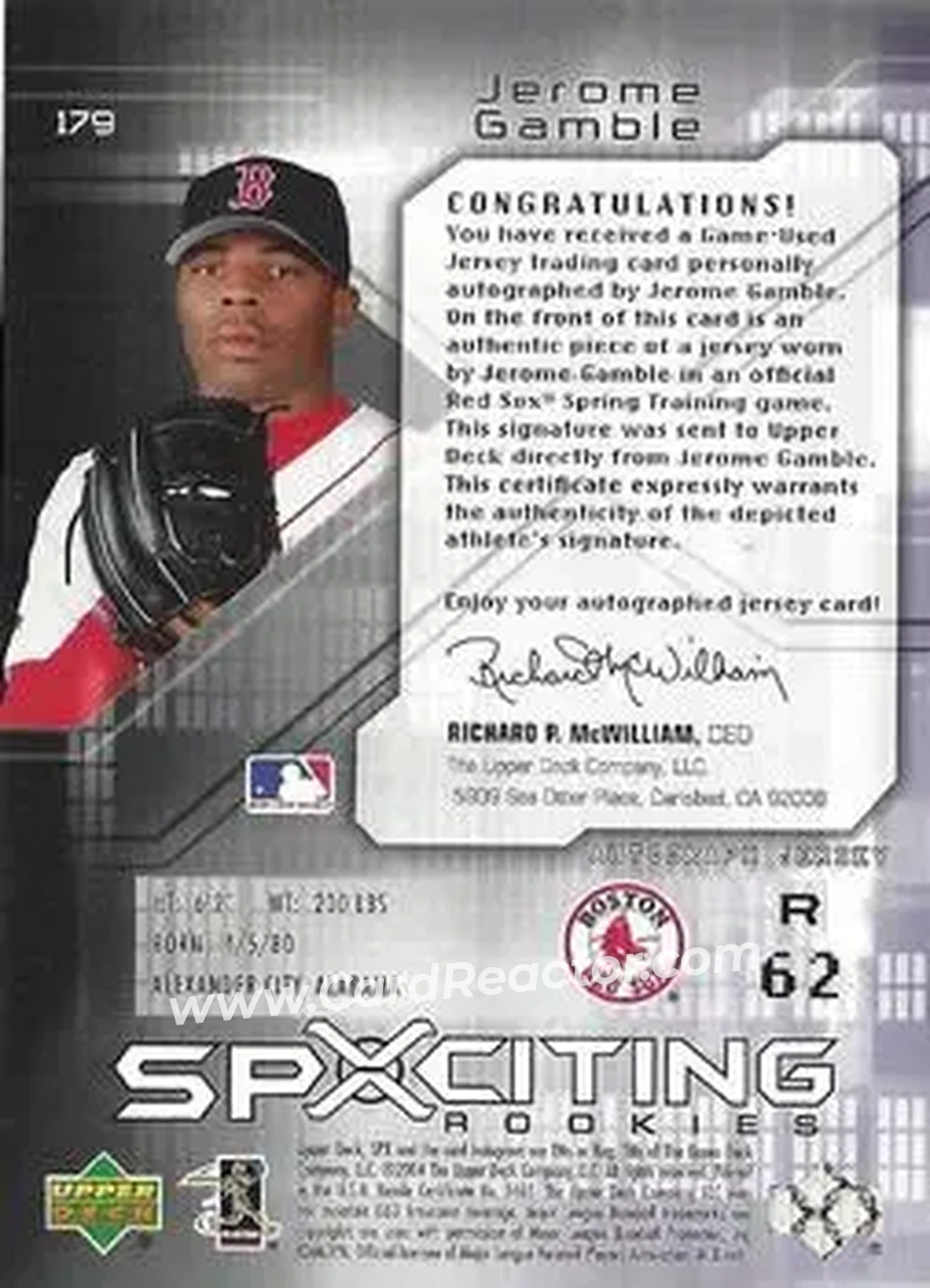 2004 SPx #179 - Jerome Gamble - Boston Red Sox - Back 2004 SPx #179 - Jerome Gamble - Boston Red Sox - Back