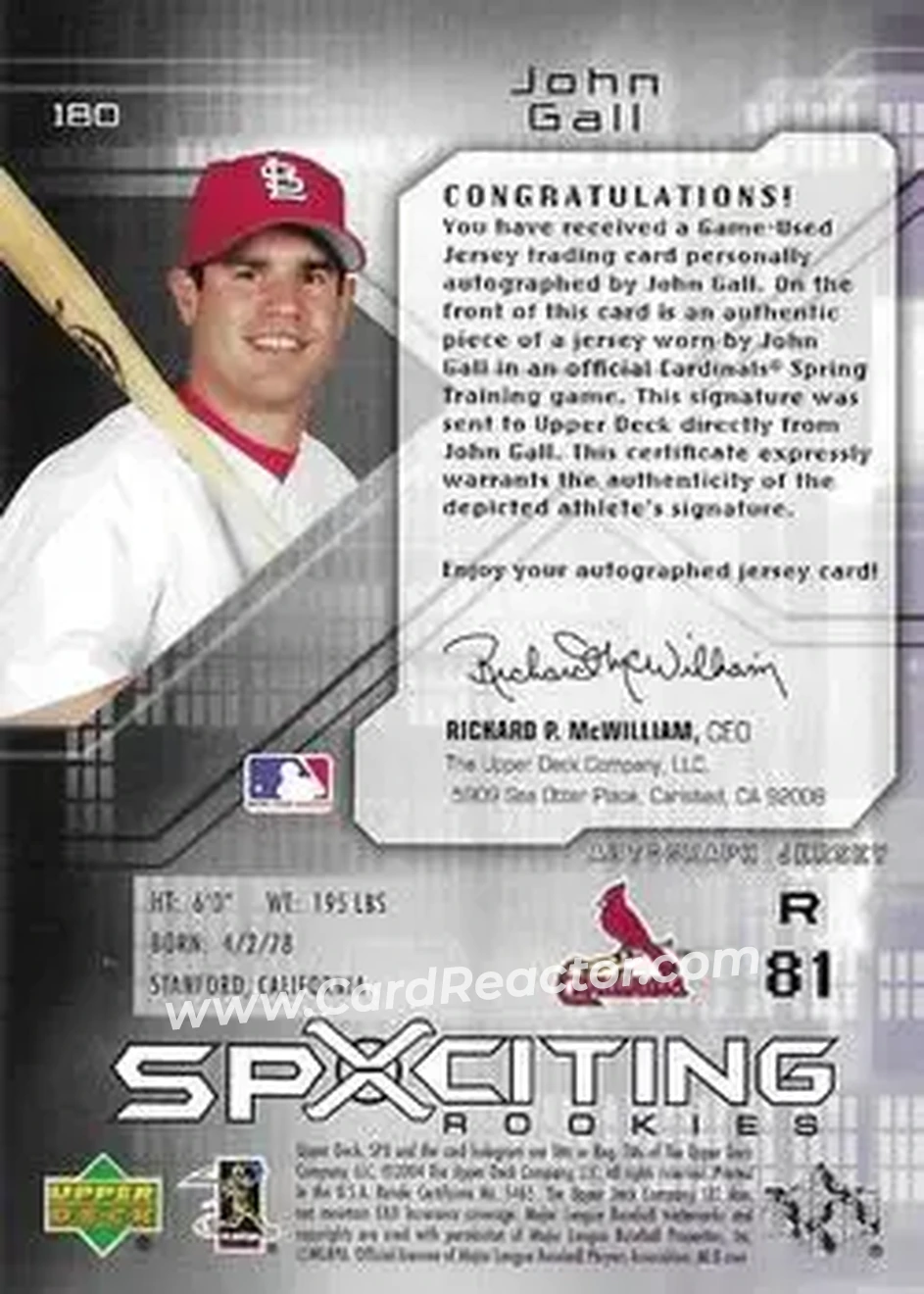 2004 SPx #180 - John Gall - St. Louis Cardinals - Back