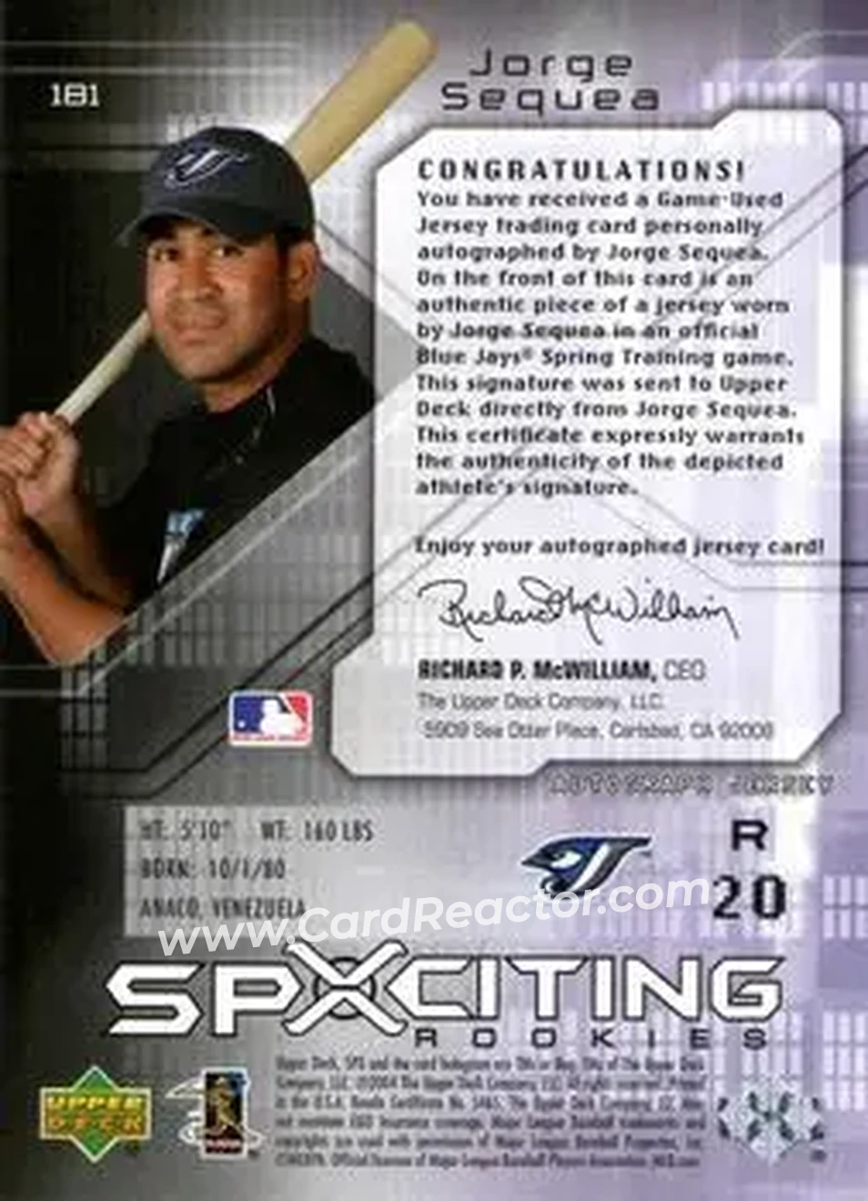 2004 SPx #181 - Jorge Sequea - Toronto Blue Jays - Back