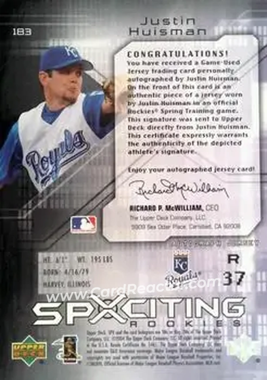 2004 SPx #183 - Justin Huisman - Kansas City Royals - Back