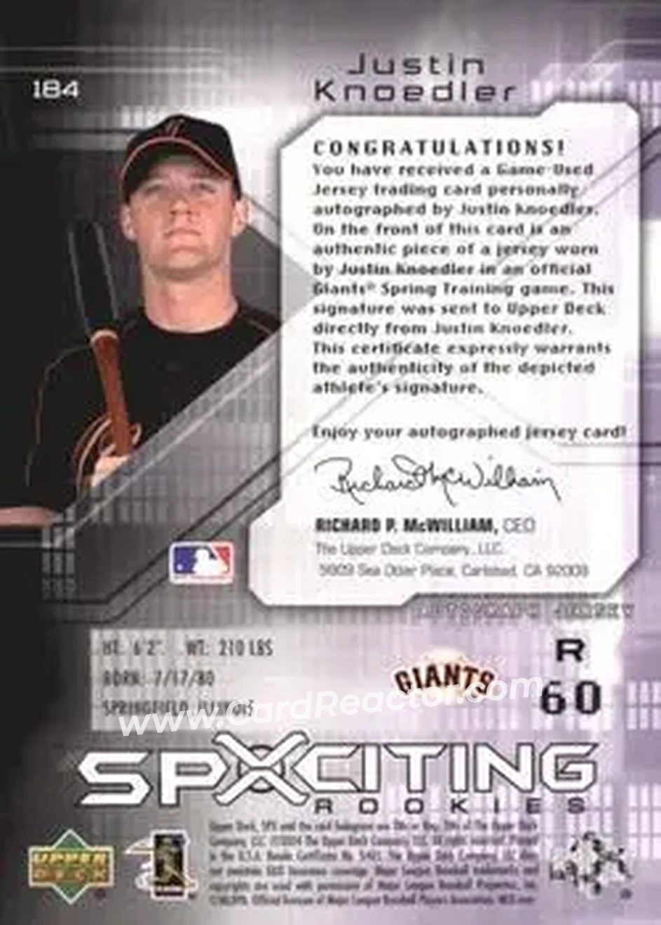 2004 SPx #184 - Justin Knoedler - San Francisco Giants - Back