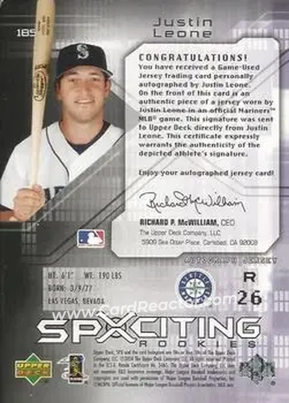 2004 SPx #185 - Justin Leone - Seattle Mariners - Back