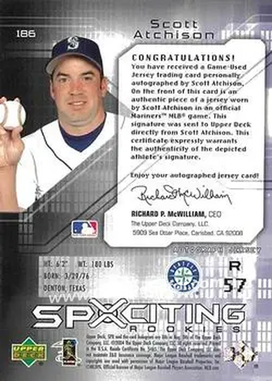 2004 SPx #186 - Scott Atchison - Seattle Mariners - Back 2004 SPx #186 - Scott Atchison - Seattle Mariners - Back