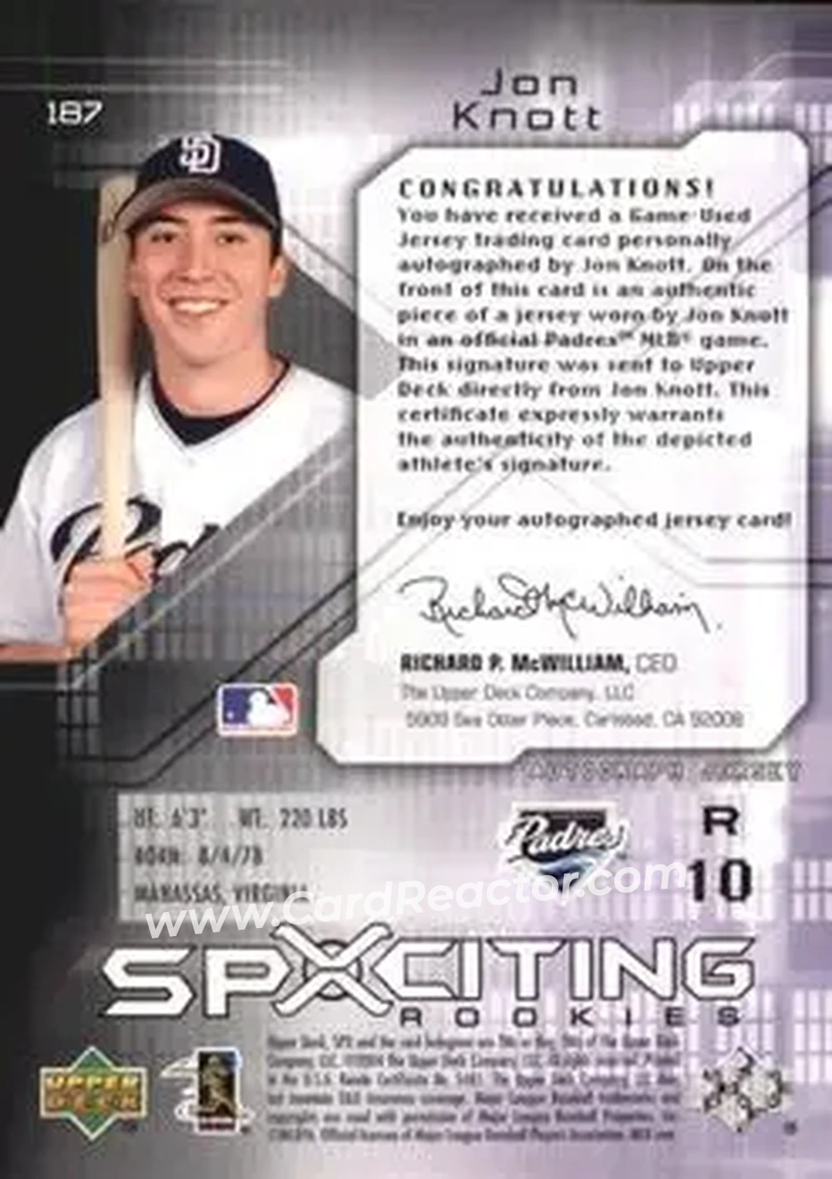 2004 SPx #187 - Jon Knott - San Diego Padres - Back 2004 SPx #187 - Jon Knott - San Diego Padres - Back