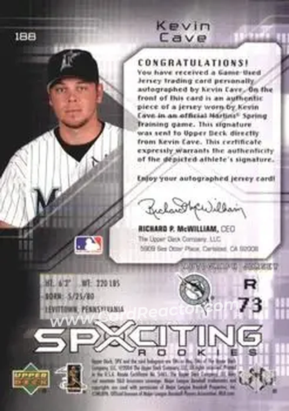 2004 SPx #188 - Kevin Cave - Florida Marlins - Back 2004 SPx #188 - Kevin Cave - Florida Marlins - Back