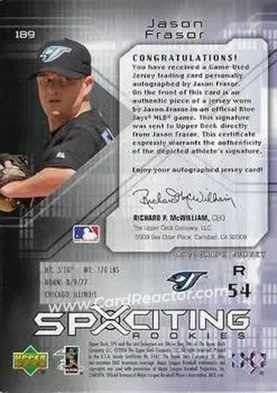 2004 SPx #189 - Jason Frasor - Toronto Blue Jays - Back