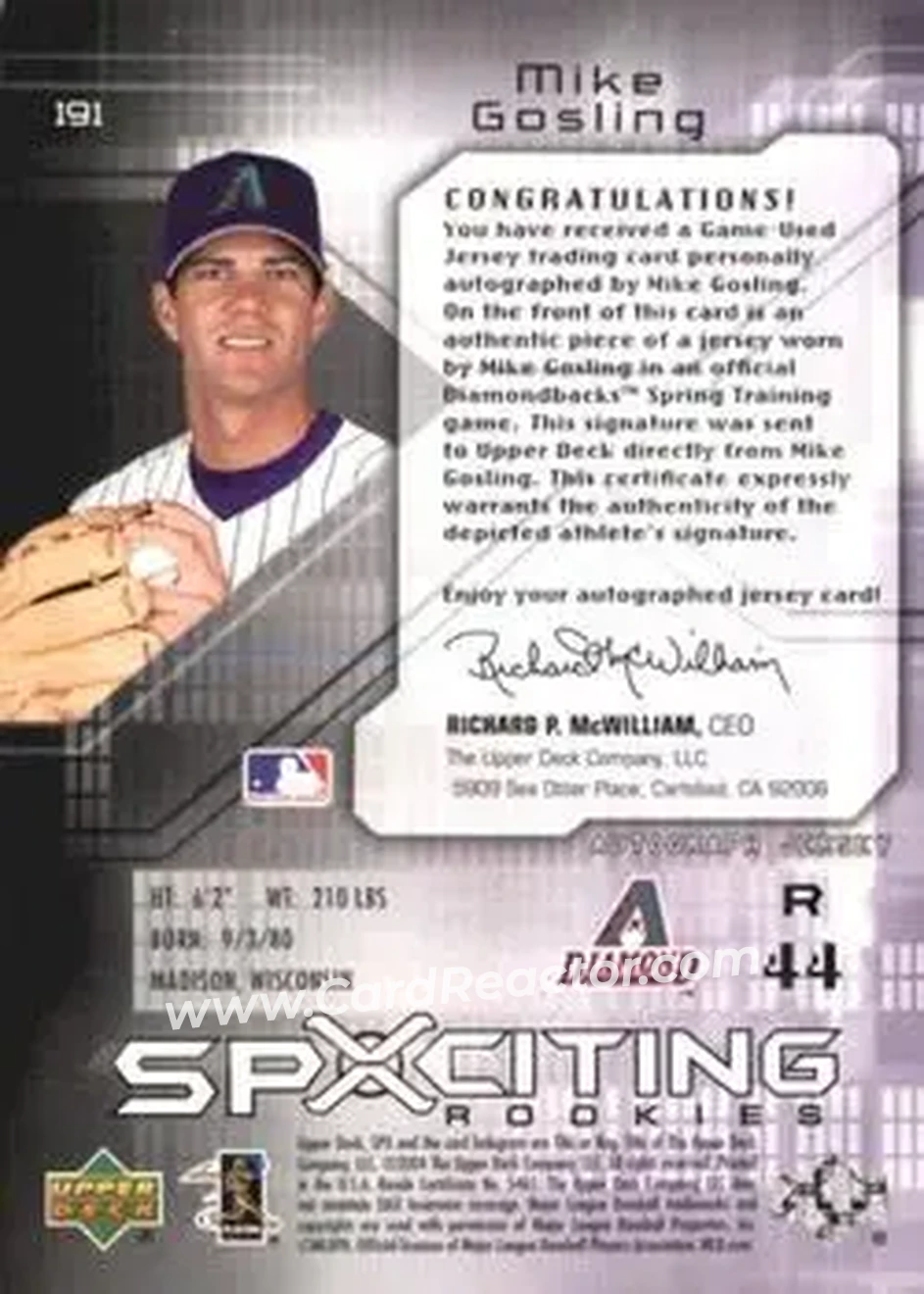 2004 SPx #191 - Mike Gosling - Arizona Diamondbacks - Back 2004 SPx #191 - Mike Gosling - Arizona Diamondbacks - Back