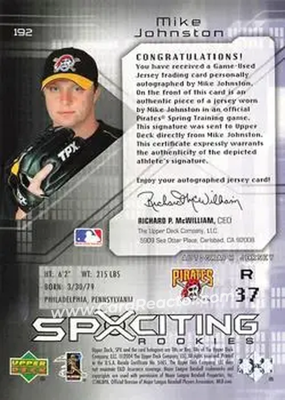 2004 SPx #192 - Mike Johnston - Pittsburgh Pirates - Back 2004 SPx #192 - Mike Johnston - Pittsburgh Pirates - Back