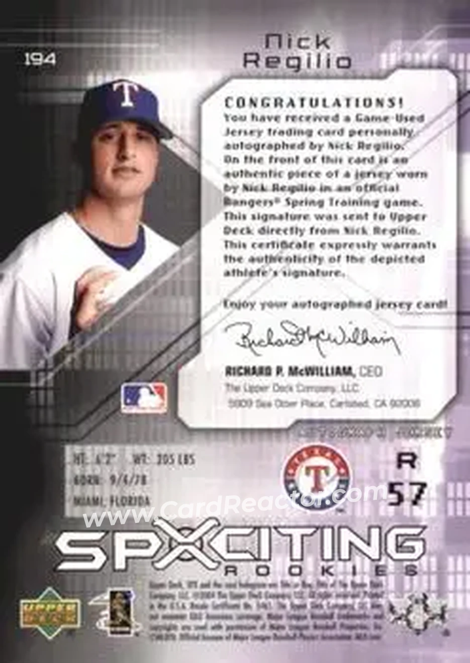 2004 SPx #194 - Nick Regilio - Texas Rangers - Back 2004 SPx #194 - Nick Regilio - Texas Rangers - Back