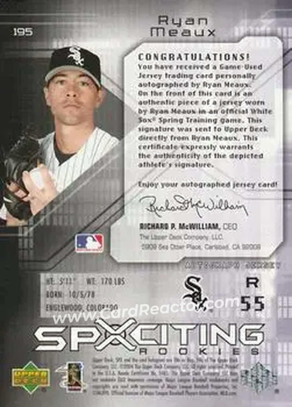 2004 SPx #195 - Ryan Meaux - Chicago White Sox - Back 2004 SPx #195 - Ryan Meaux - Chicago White Sox - Back