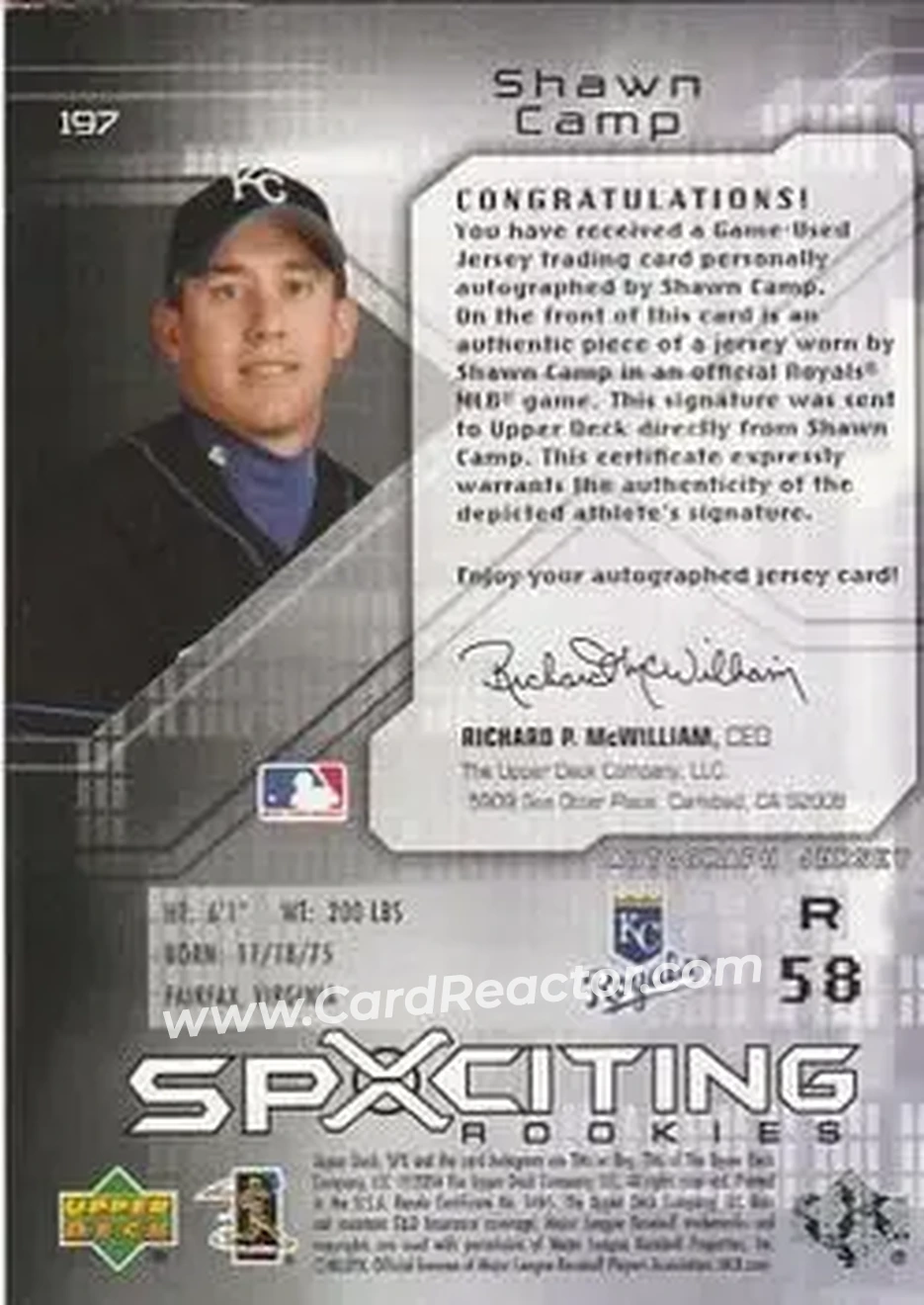 2004 SPx #197 - Shawn Camp - Kansas City Royals - Back 2004 SPx #197 - Shawn Camp - Kansas City Royals - Back