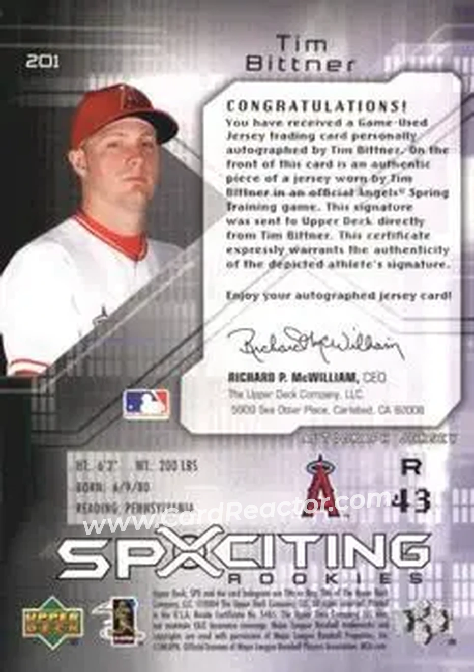 2004 SPx #201 - Tim Bittner - Anaheim Angels - Back 2004 SPx #201 - Tim Bittner - Anaheim Angels - Back