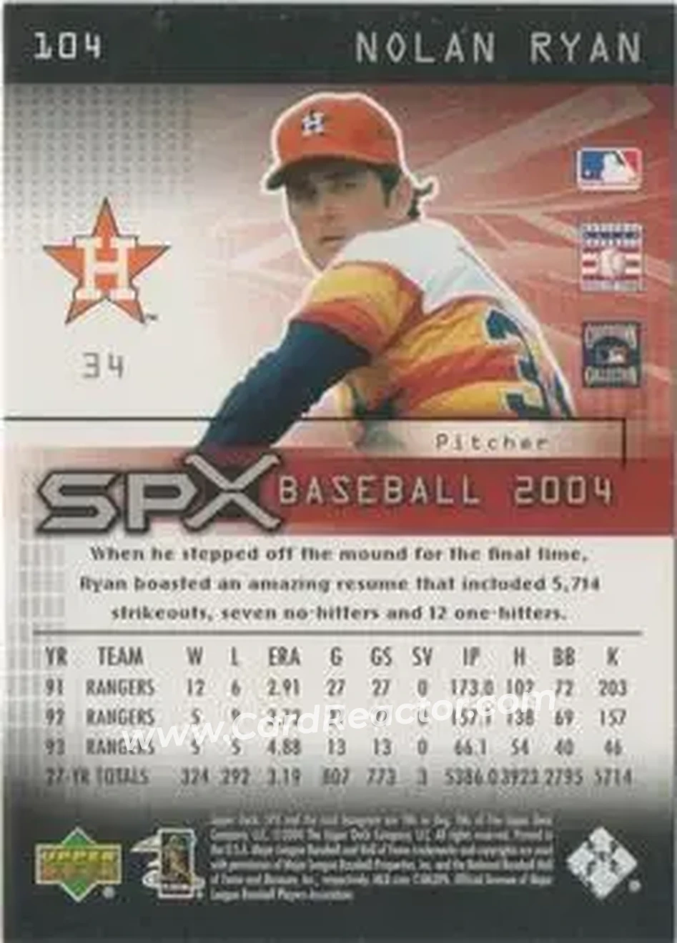 2004 SPx #104 - Nolan Ryan - Houston Astros - Back