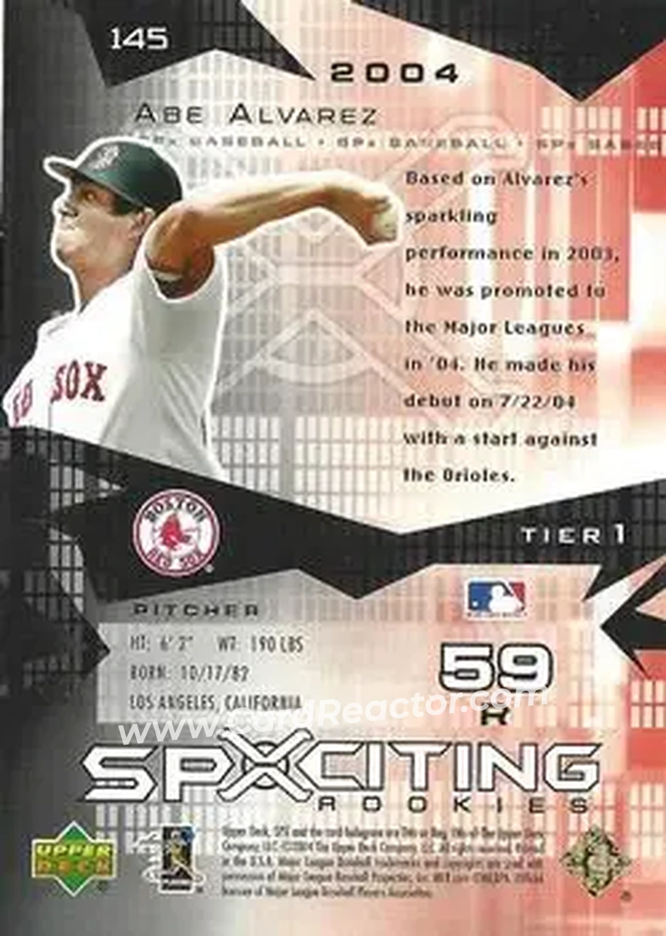 2004 SPx - Spectrum #145 - Abe Alvarez - Boston Red Sox - Back 2004 SPx - Spectrum #145 - Abe Alvarez - Boston Red Sox - Back
