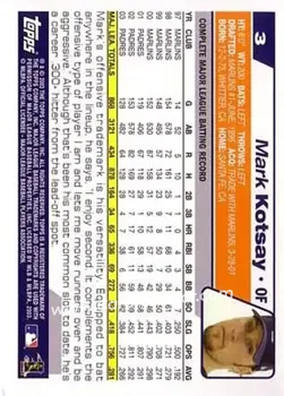 2004 Topps #3 - Mark Kotsay - San Diego Padres - Back
