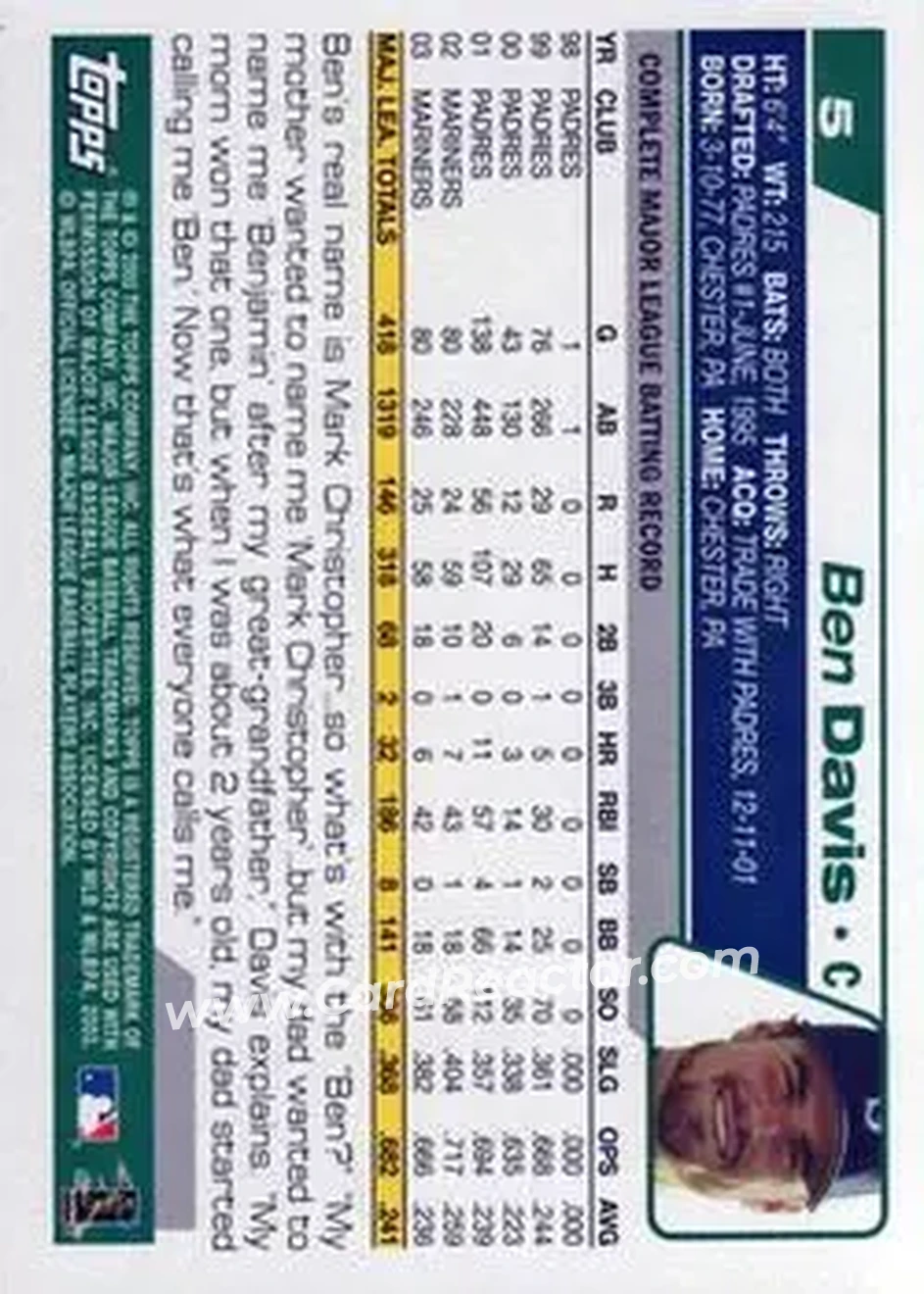 2004 Topps #5 - Ben Davis - Seattle Mariners - Back 2004 Topps #5 - Ben Davis - Seattle Mariners - Back