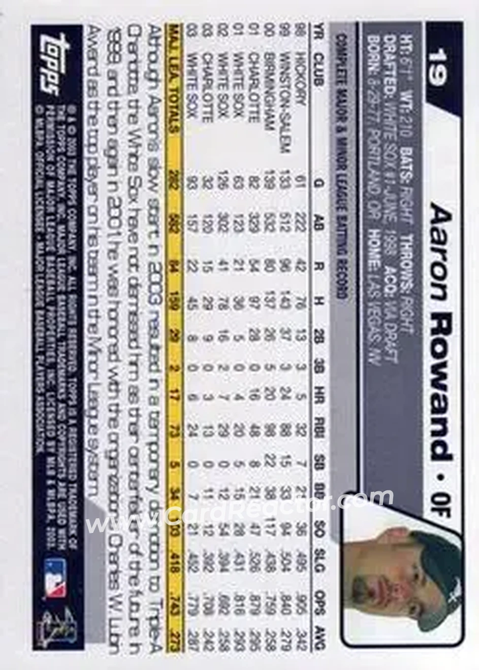 2004 Topps #19 - Aaron Rowand - Chicago White Sox - Back 2004 Topps #19 - Aaron Rowand - Chicago White Sox - Back