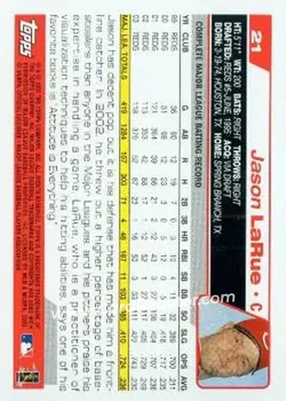 2004 Topps #21 - Jason LaRue - Cincinnati Reds - Back 2004 Topps #21 - Jason LaRue - Cincinnati Reds - Back