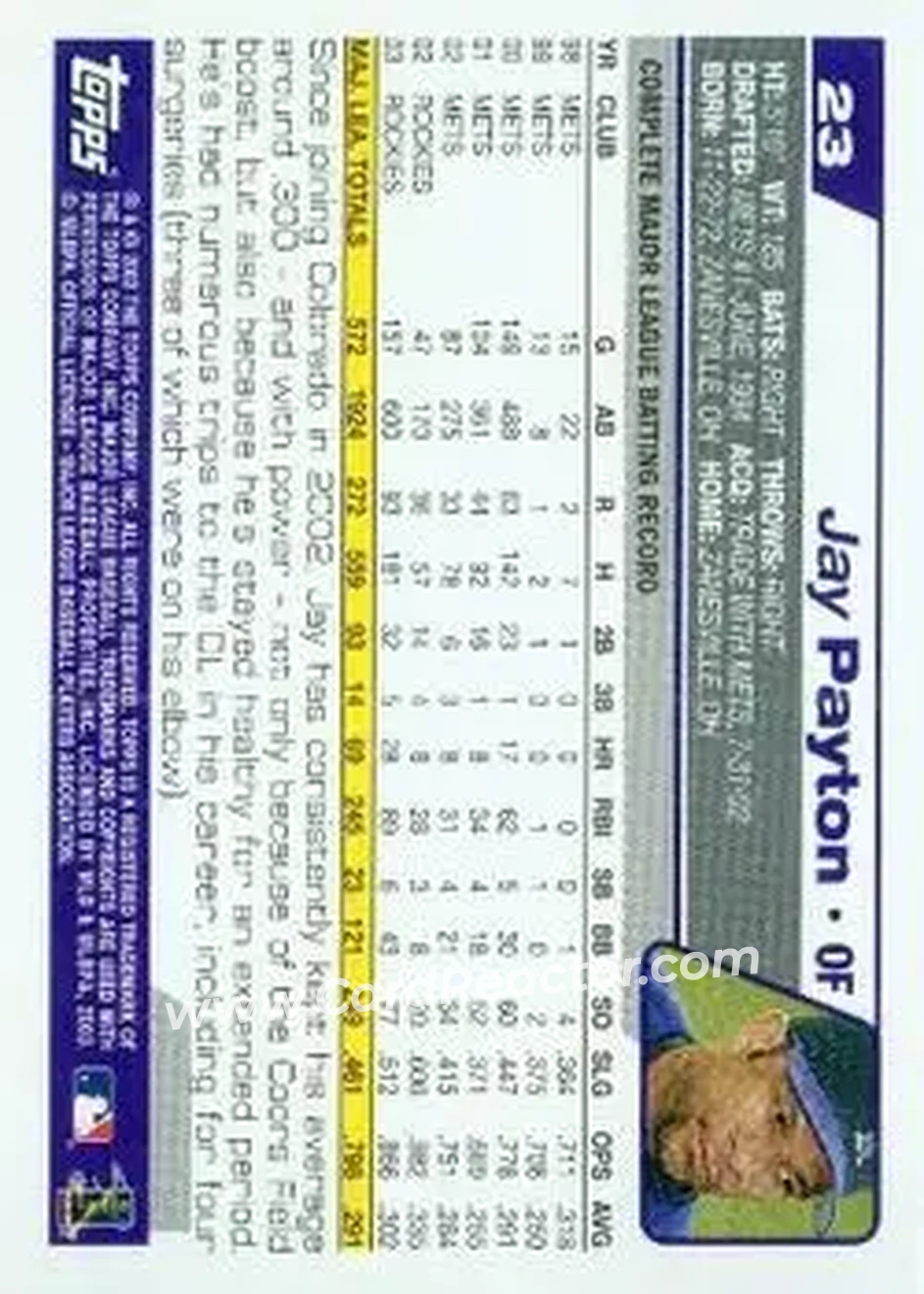 2004 Topps #23 - Jay Payton - Colorado Rockies - Back 2004 Topps #23 - Jay Payton - Colorado Rockies - Back