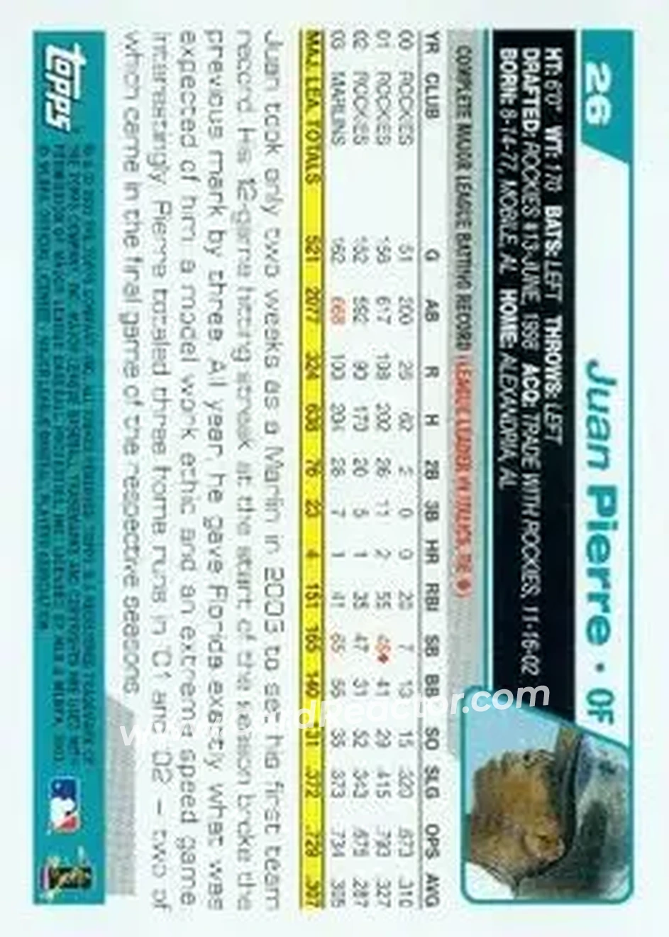 2004 Topps #26 - Juan Pierre - Florida Marlins - Back 2004 Topps #26 - Juan Pierre - Florida Marlins - Back