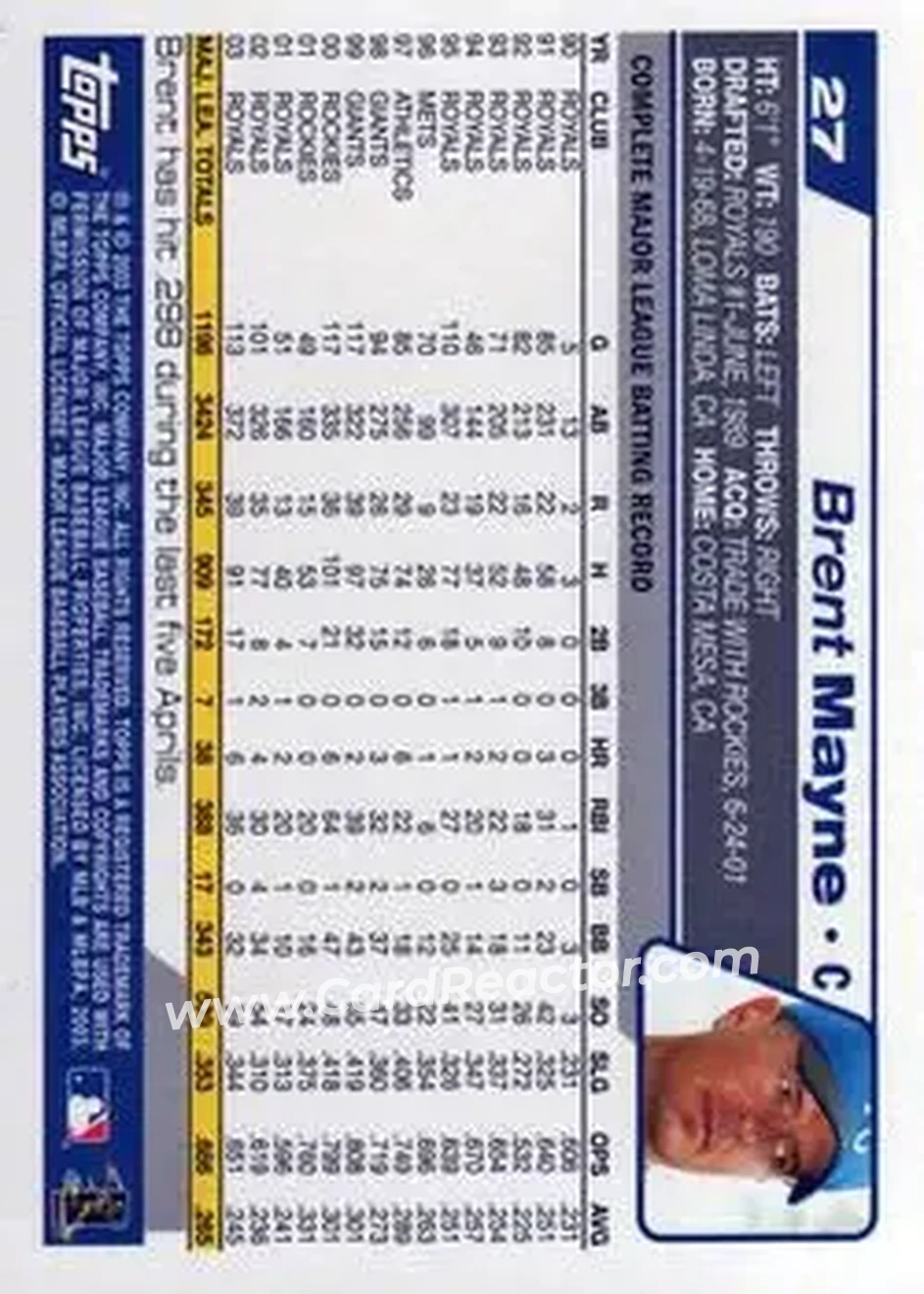 2004 Topps #27 - Brent Mayne - Kansas City Royals - Back