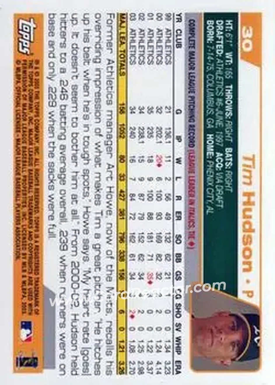 2004 Topps #30 - Tim Hudson - Oakland Athletics - Back 2004 Topps #30 - Tim Hudson - Oakland Athletics - Back