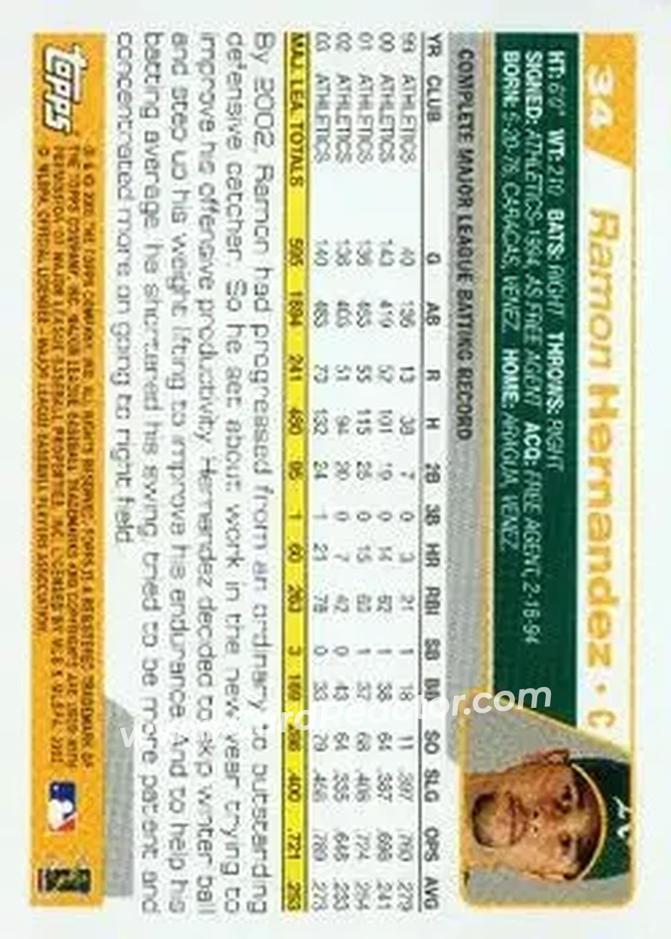 2004 Topps #34 - Ramon Hernandez - Oakland Athletics - Back
