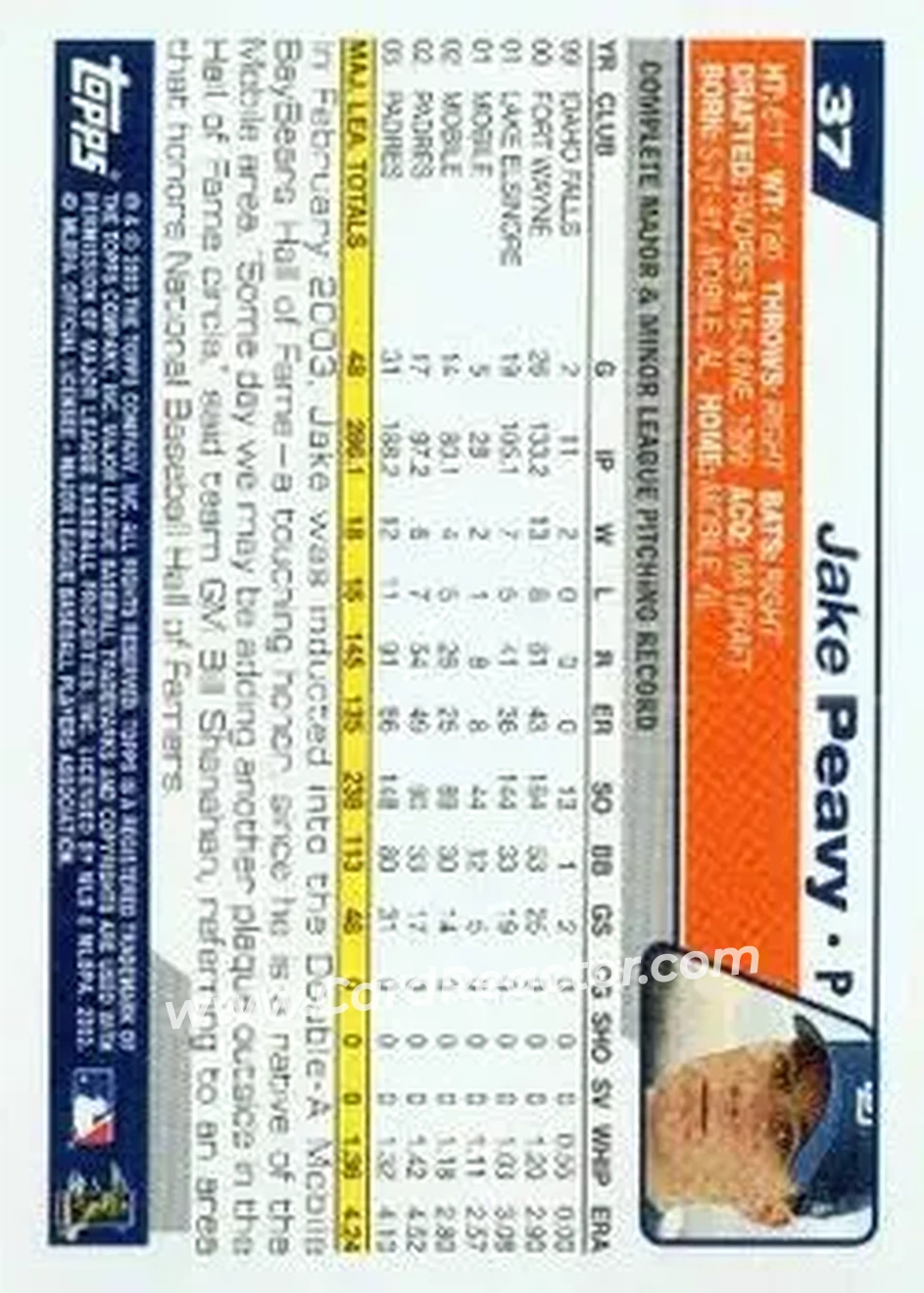 2004 Topps #37 - Jake Peavy - San Diego Padres - Back 2004 Topps #37 - Jake Peavy - San Diego Padres - Back