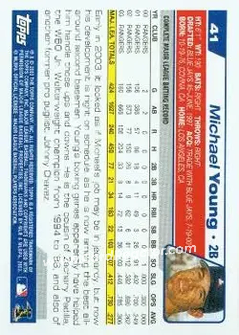 2004 Topps #41 - Michael Young - Texas Rangers - Back 2004 Topps #41 - Michael Young - Texas Rangers - Back