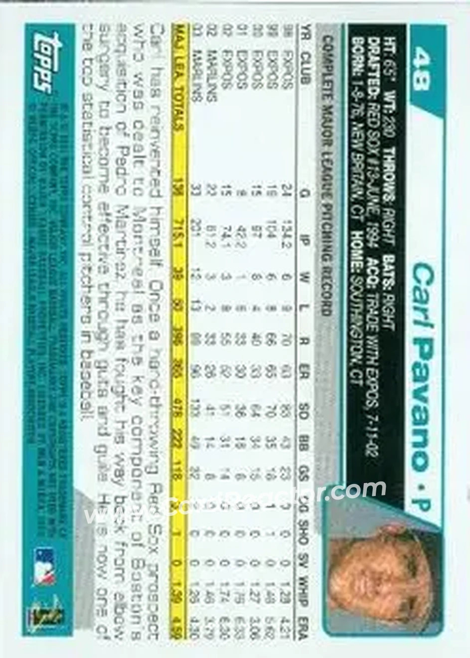 2004 Topps #48 - Carl Pavano - Florida Marlins - Back 2004 Topps #48 - Carl Pavano - Florida Marlins - Back