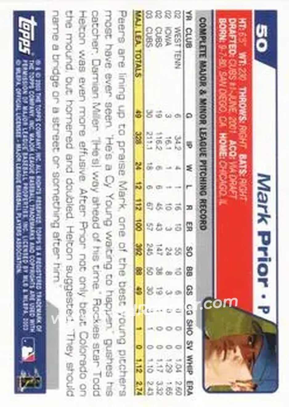 2004 Topps #50 - Mark Prior - Chicago Cubs - Back 2004 Topps #50 - Mark Prior - Chicago Cubs - Back
