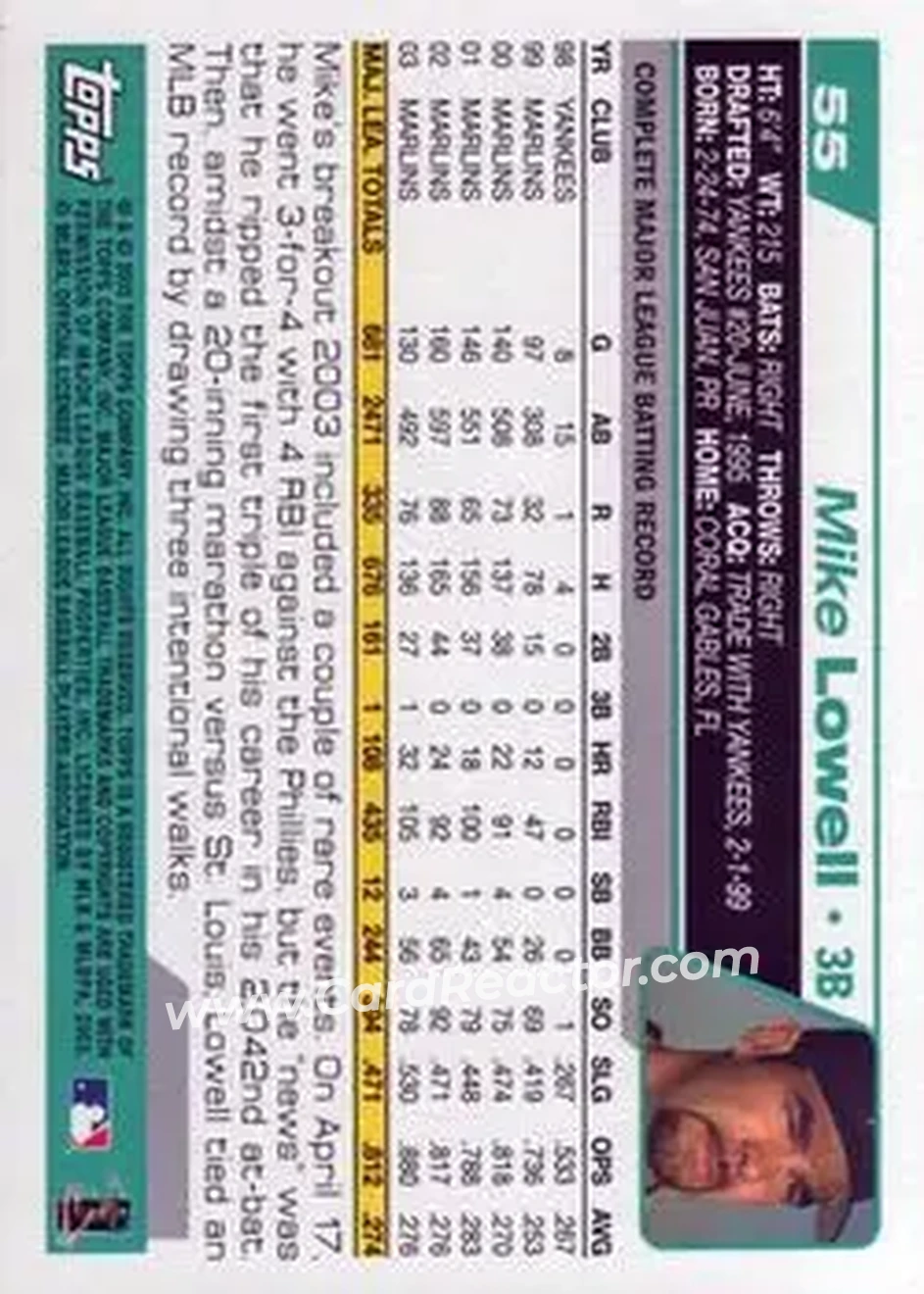 2004 Topps #55 - Mike Lowell - Florida Marlins - Back 2004 Topps #55 - Mike Lowell - Florida Marlins - Back