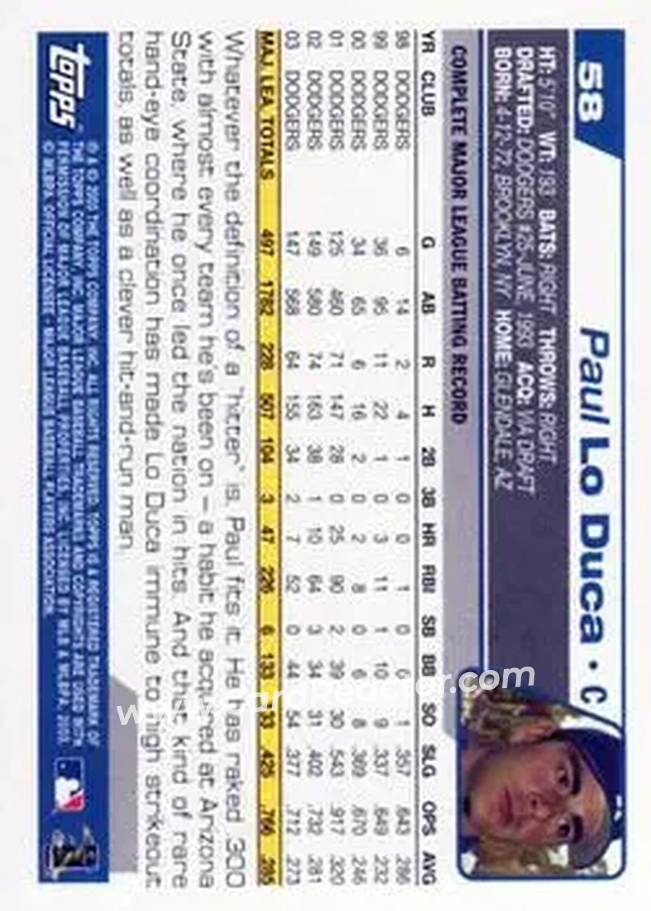 2004 Topps #58 - Paul Lo Duca - Los Angeles Dodgers - Back 2004 Topps #58 - Paul Lo Duca - Los Angeles Dodgers - Back