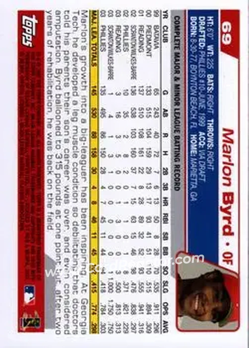 2004 Topps #69 - Marlon Byrd - Philadelphia Phillies - Back 2004 Topps #69 - Marlon Byrd - Philadelphia Phillies - Back