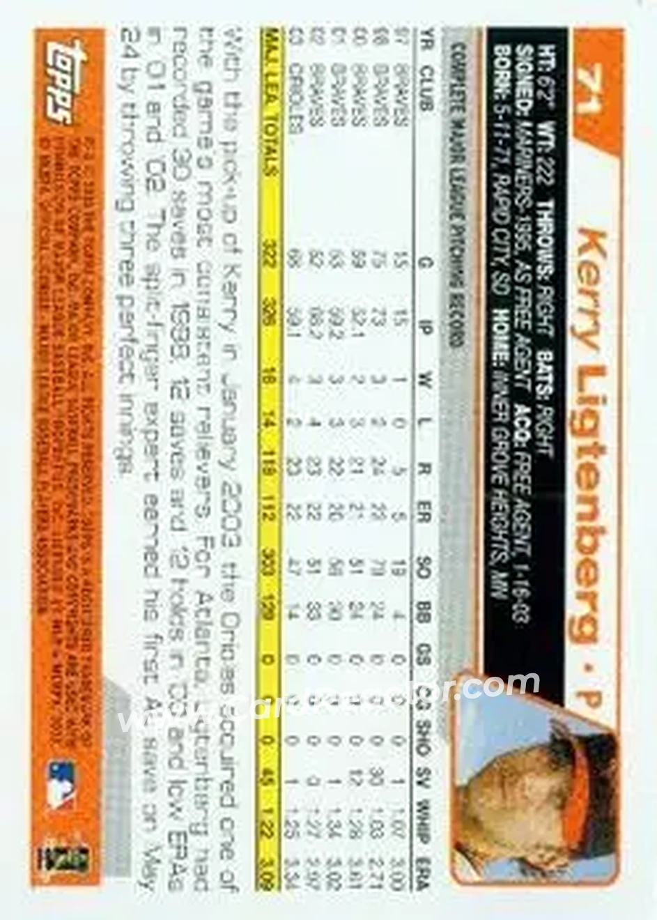 2004 Topps #71 - Kerry Ligtenberg - Baltimore Orioles - Back 2004 Topps #71 - Kerry Ligtenberg - Baltimore Orioles - Back