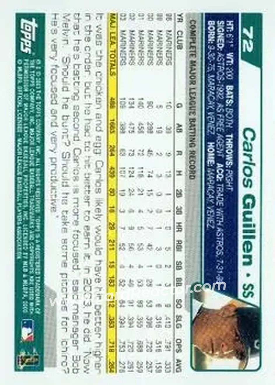2004 Topps #72 - Carlos Guillen - Seattle Mariners - Back