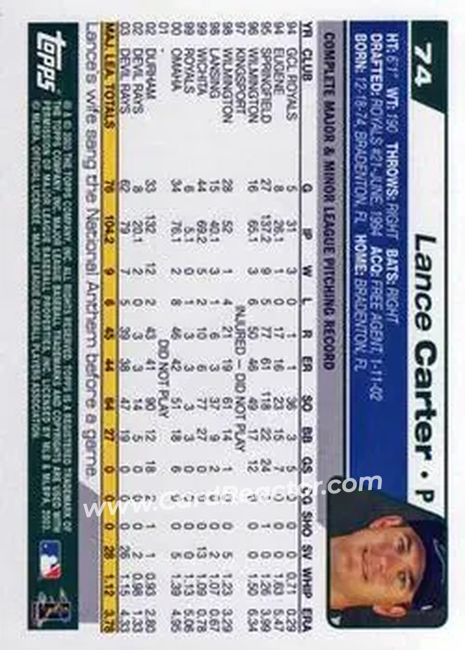 2004 Topps #74 - Lance Carter - Tampa Bay Devil Rays - Back 2004 Topps #74 - Lance Carter - Tampa Bay Devil Rays - Back