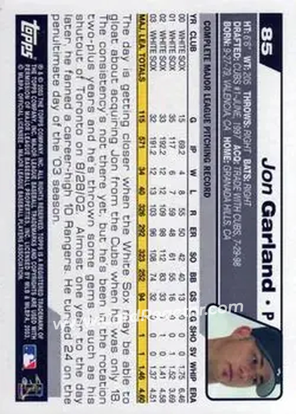 2004 Topps #85 - Jon Garland - Chicago White Sox - Back 2004 Topps #85 - Jon Garland - Chicago White Sox - Back