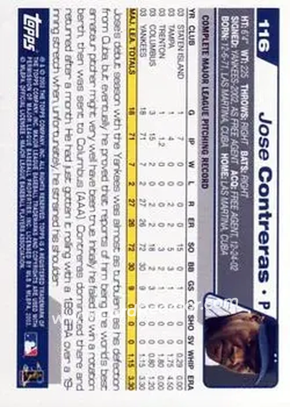 2004 Topps #116 - Jose Contreras - New York Yankees - Back