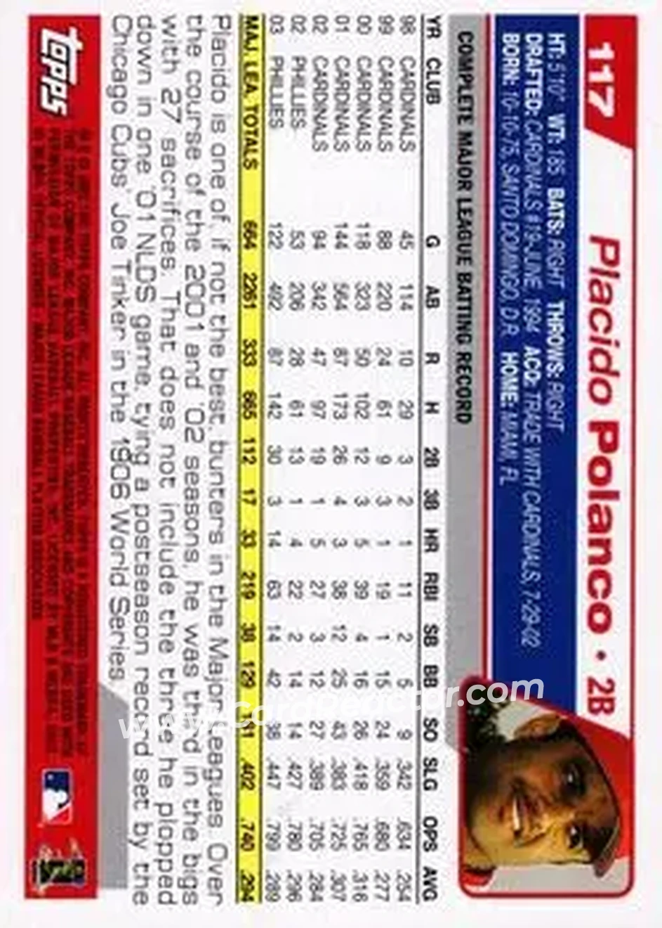 2004 Topps #117 - Placido Polanco - Philadelphia Phillies - Back 2004 Topps #117 - Placido Polanco - Philadelphia Phillies - Back
