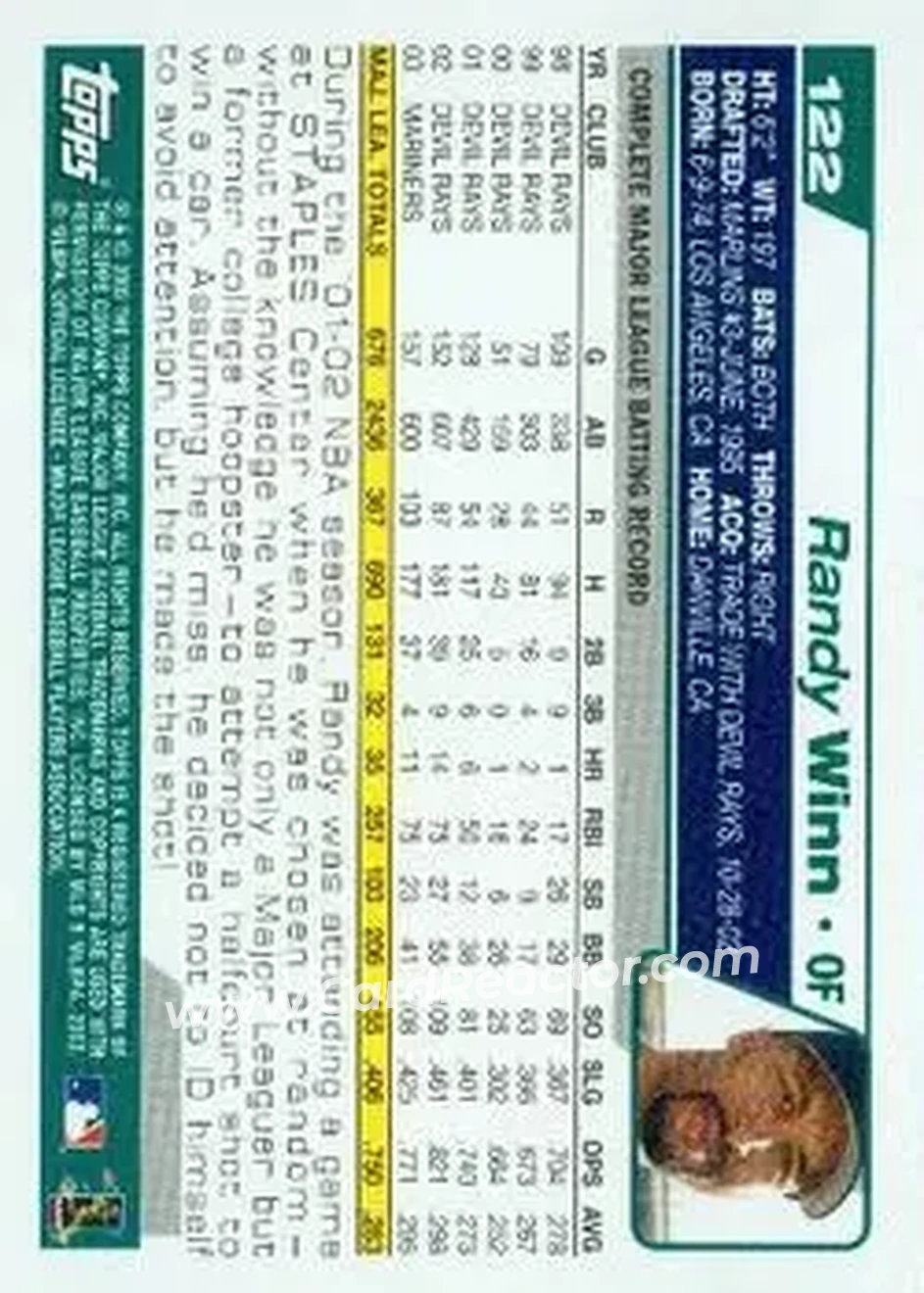 2004 Topps #122 - Randy Winn - Seattle Mariners - Back