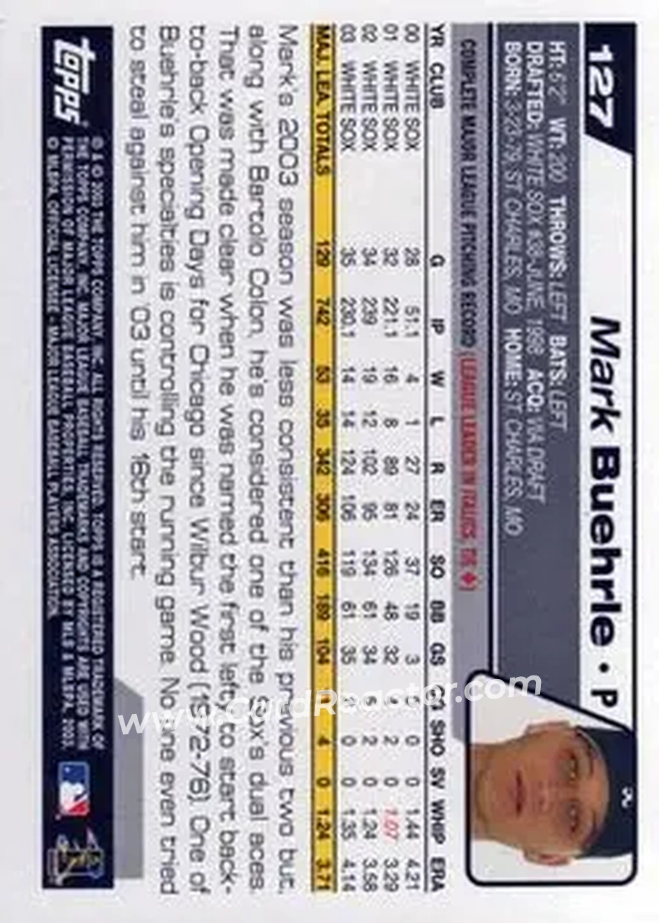2004 Topps #127 - Mark Buehrle - Chicago White Sox - Back 2004 Topps #127 - Mark Buehrle - Chicago White Sox - Back