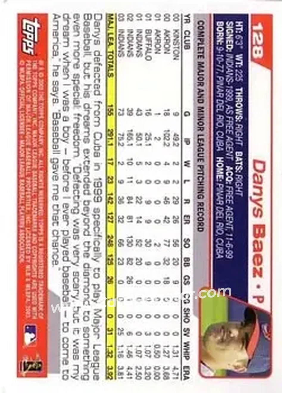 2004 Topps #128 - Danys Baez - Cleveland Indians - Back